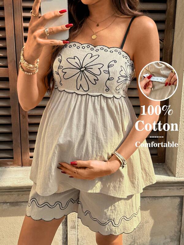 SHEIN Maternity Spaghetti Strap Shell Trim Pleated 2 Pieces Set, Summer Sun Dress Boho Dress Women Vacation Dress Woman Cottagecore Dress Summer Dress Cotton Two-Piece Short Set Boho Two-Piece Set Embroidered Floral Top And Shorts Summer Vacation Outfit Comfortable Loungewear Set Boho Dresses For Women Cotton Dresses Summer Vacation Dress Butterfly Dress Maternity Dress Embroidered Dress