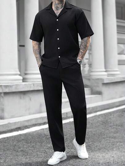 Manfinity CasualCool Men's Casual Solid Color Short Sleeve Shirt & Pants Set