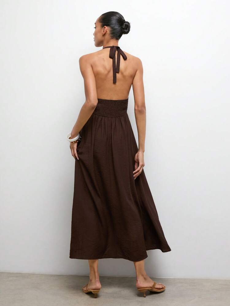 SHEIN Maija Women's Elegant Dark Brown Backless Halter Dress,Summer Casual Holiday Vacation Outfits,Solid Color Beach Party Graduation Outfits Casual Dresses