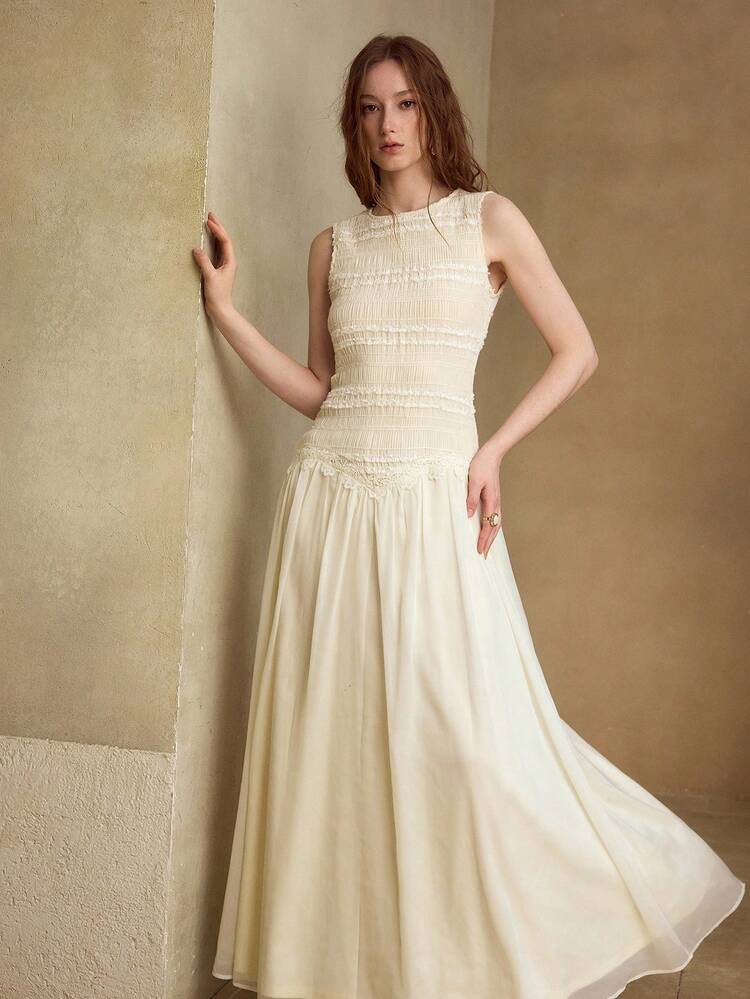 SPRING/SUMMER NEW KNITTED EMBROIDERED PATCHWORK SHINY CHIFFON SLEEVELESS ROUND NECK WOMEN LONG DRESS