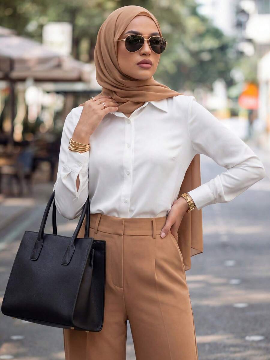 Calvaya Top casual básico feminino com botões frontais e manga comprida - Branco - Ver 1