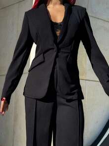 Bearsaez 女士优雅单排扣缺口翻领西装外套和裤子套装秋冬女装办公室服装 - 黑色 - 查看 4