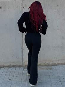 Bearsaez 女式休闲日常百搭紧身保暖高腰喇叭裤，松紧腰，黑色，冬季 - 黑色 - 查看 2