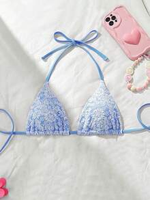 Swim Mod Áo bikini mùa hè đi biển dành cho nữ, chất liệu vải họa tiết hoa, cổ yếm, kiểu dáng bikini tam giác, màu xanh dương và trắng. - Màu xanh lam - Xem 2