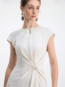 Aalyst Đầm nữ thanh lịch màu trơn bằng vải lanh, cổ tròn, tay ngắn, xếp ly, thích hợp mặc đi làm hàng ngày, đi nghỉ mát, mùa xuân/hè. - Màu be - Xem 8