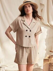 Zovinel Chaqueta de blazer informal de lino suelto con doble botonadura, conjunto de traje para mujer - Caqui - Ver 9
