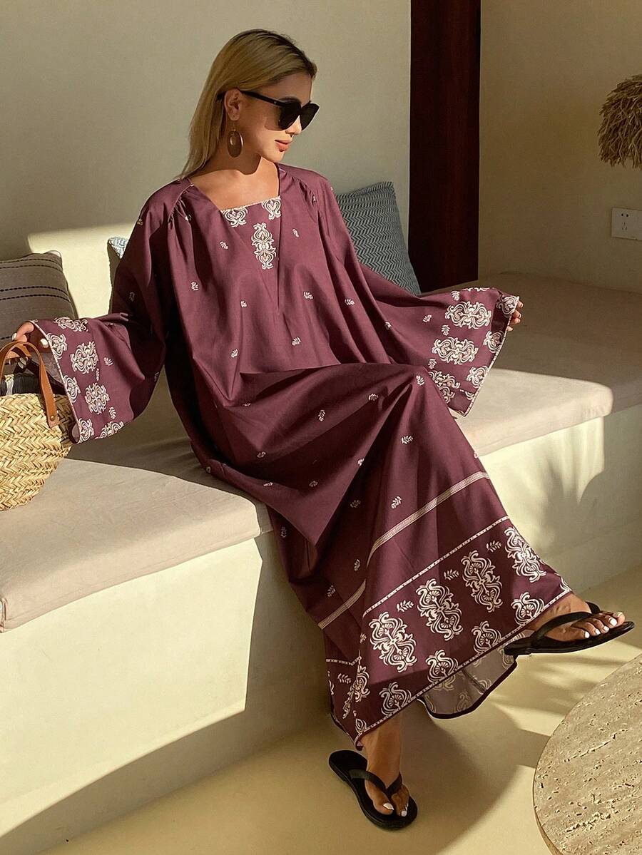 DAZY Vestido midi bohemio de estilo holgado con estampado floral burdeos, adecuado para vestido de playa de vacaciones estilo boho - Burdeos - Ver 1