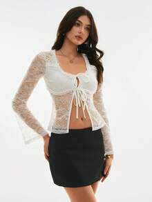 Poéselle Women's Lace Patchwork Twist Design Sexy Versatile Long Sleeve Blouse - Apricot - View 4