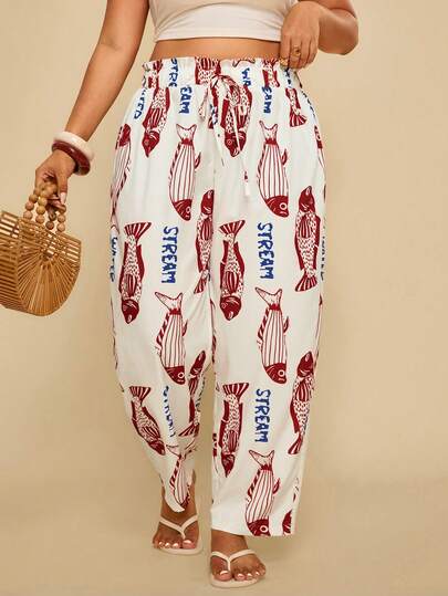 Travachic Plus Size Casual Fish & Letter Print Pants