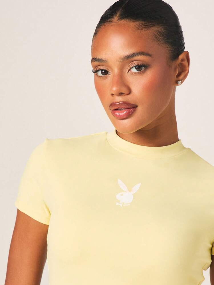 Missguided x Playboy Bunny Logo Fitted Short Sleeve Yellow Sports Tee Casual Summer Crew Neck Women's Athletic Top Activewear