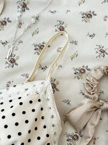 SHEIN Teen Girls Black & White Polka Dot Lace Camisole, Elegant White Lace Trim Camisole, Suitable For Summer, Vacation, Casual, Home, BM Style - Apricot - View 4