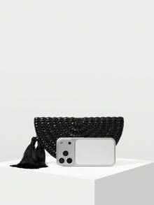 MOTF HANDMADE BEADED EVENING BAG, BLACK TASSEL CLUTCH, ELEGANT CHAIN SHOULDER CROSSBODY BAG - Black - View 5