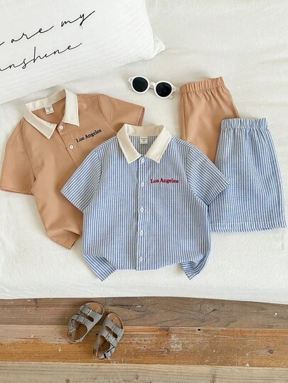 4pcs/Set Young Boy Summer Vacation Casual Cute Striped Patchwork Embroidered Pattern Short Sleeve Shirt, Shorts, Trousers Suit, Boys Summer Outfit, Shirt Set Multi-Piece