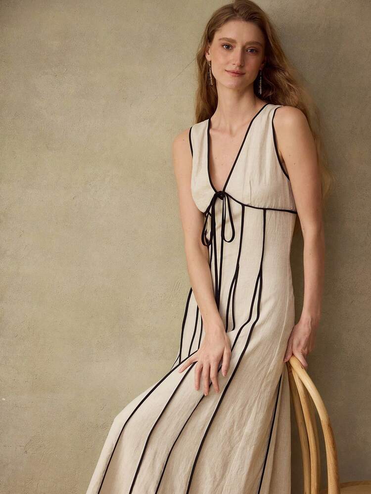 WOMEN'S LINEN COLORBLOCK LONG DRESS, CASUAL & DATE WEAR, SPRING/SUMMER