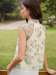 Vintamour 复古经典优雅女士衬衫，配缎带蝴蝶结刺绣花卉图案 - 杏色 - 查看 2