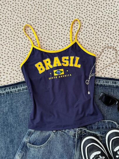TEENGIRL Bright Color Brazil Print Contrast Color Casual Camisole Snug Fit Cami Top, Suitable For Summer, Sports & Leisure Slim Fit Camisole