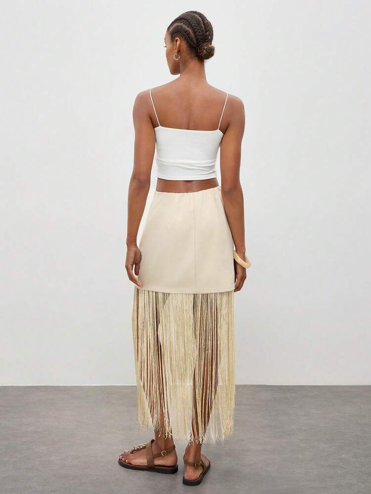 SHEIN Maija Beige,Autumn,Mamma Mia,Night Out,Party Women's Fashionable Tassel Hem A-Line Casual Blouses Skirt,Summer Beach Holiday Vacation Outfits,Spring Outfit