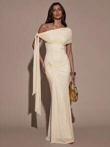 SHEIN BAE Women's Solid Color Twist Shoulder Design Fitted Dress - Apricot - View 3