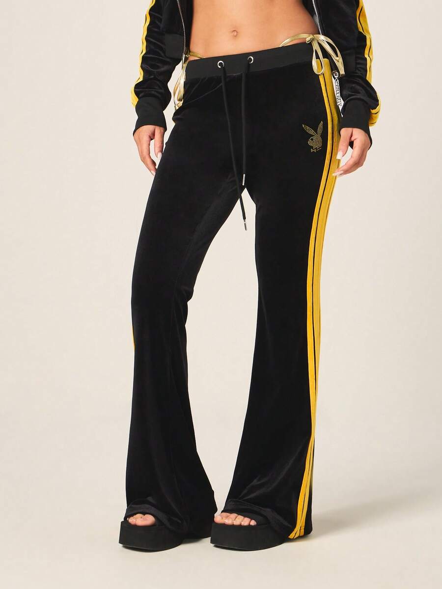 Missguided x Playboy Velour Flare Leg Joggers With Gold Side Stripes Drawstring Waist And Rhinestone Embellishment - Black - View 1