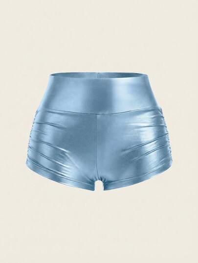 SHEIN EZwear Women's Solid Color Fashionable Pleated Light Blue Leggings