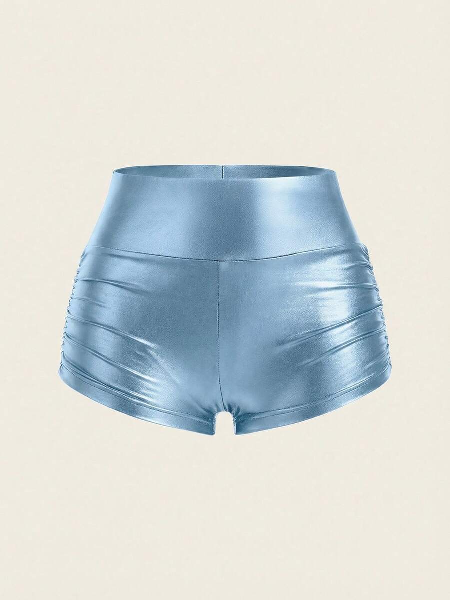 SHEIN EZwear 女士纯色时尚褶皱浅蓝色打底裤 - 淺藍色 - 查看 1