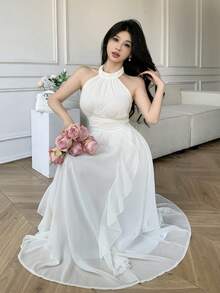 Celisse Women's Casual Elegant Birthday Stand Collar Ruffle A-Line Long Dress, Summer - Beige - View 5