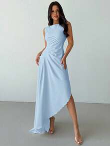 Firerie Đầm dạ hội/đầm dự tiệc cưới thanh lịch tối giản mới dành cho nữ, màu trắng không tay, cổ tròn, xếp ly, thêu họa tiết, dáng maxi bất đối xứng, chất liệu dệt kim, thích hợp cho mùa hè. - Màu xanh nhạt - Xem 3