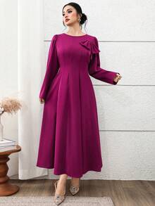 Feyla Plus Size Women's Solid Color Round Neck Long Sleeve Bow Decor Elegant Dress - Burgundy - View 5