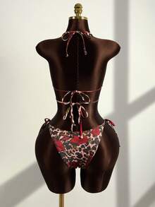 Zestiva 女士两件套豹纹玫瑰花卉细肩带系带三角比基尼泳衣套装 - 彩色 - 查看 2