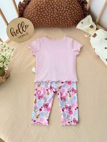 SHEIN Bộ đồ mặc nhà cho bé gái sơ sinh in hình hoạt hình dễ thương, tay ngắn và quần dài, thích hợp cho mùa hè. - Hồng - Xem 9