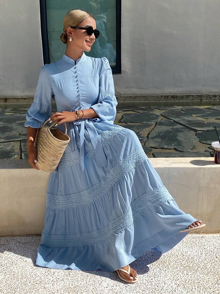 Women's Elegant Solid Color Lace Patchwork Stand Collar Belted Mid-Length Dress, Spring & Summer