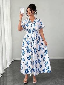 Elenzga 大码女式夏季法式复古白蓝花卉印花荷叶边V领A字连衣裙，优雅复古风，度假通勤连衣裙 - 藍白色 - 查看 3