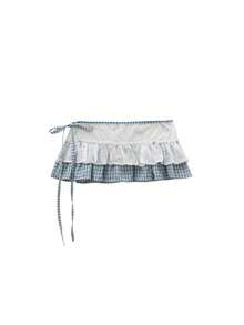 A Sweet Embroidered Lace Plaid Ruffled Patchwork One-Piece Skirt; Color-Blocked, Versatile, And Layerable With A Tie Waist. - Multicolor - View 7
