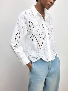 Maija White Summer Elegant Romantic Brunch Vacation Eyelet Embroidery Blue Floral Geometric Pattern Women Shirt Top Beach Vacation Outfits Casual Blouses - White - View 8