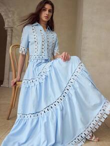 MOTF PREMIUM SPRING/SUMMER WOMEN'S SHORT SLEEVE SHIRT WITH HOLLOW PATCHWORK, BUTTERFLY RUFFLE TRIM, RUFFLE HEM A-LINE SKIRT 2 PIECES SET VACATION ELEGANT - Blue - View 5