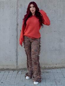 Bearsaez 2024 新款秋冬女式长流苏针织喇叭裤，休闲街头时尚风格 - E - 棕色 - 查看 1