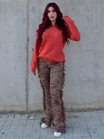 Bearsaez 2024 新款秋冬女式长流苏针织喇叭裤，休闲街头时尚风格 - E