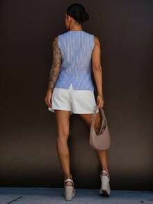 SAYEHFBABY 女士夏季休闲通勤条纹前扣吊带背心 - 藍白色 - 查看 2