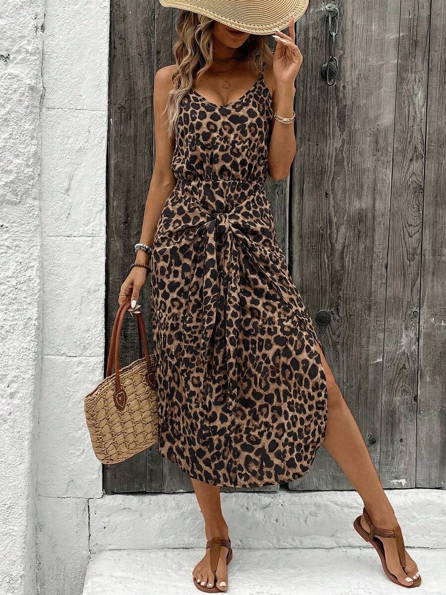 EMERY ROSE Vestido casual sin mangas con abertura y estampado de leopardo - Marrón - Ver 1