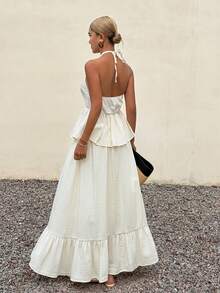 Livesso Conjunto de 2 piezas para mujer con top corto sin mangas de cuello redondo y falda acampanada - Albaricoque - Ver 2