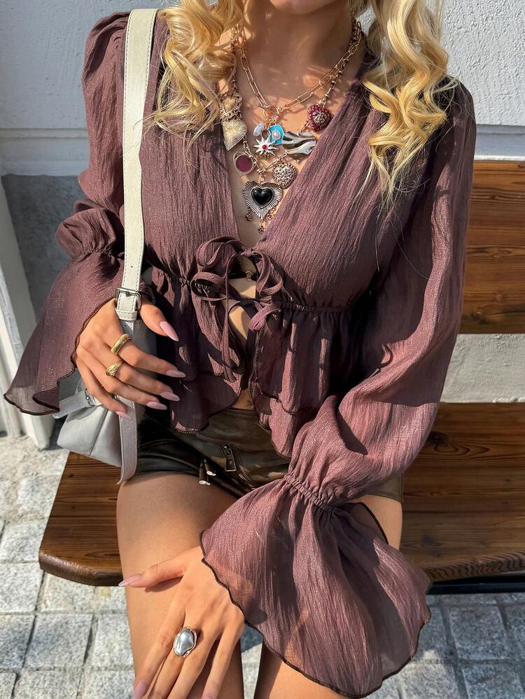 Burgundy Ruffled Tie-Front Beach Vacation Blouse For Women, Summer