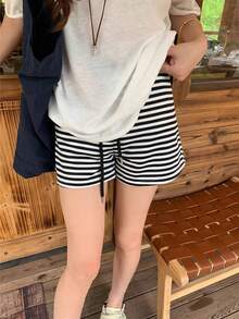 K-Vae Casual Striped Drawstring Waist Shorts, Versatile For Summer - Black and White - View 5
