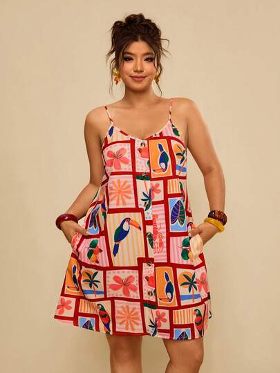 Travachic Vestido de tirantes casual de uso diario y vacacional con estampado floral y de loro para mujer de talla grande