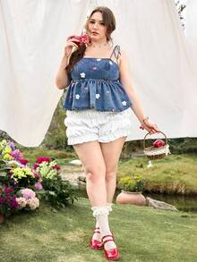 Sweetness Spring / Summer Plus Size Women Strawberry & Floral Print Ruffle Hem Denim Camisole Top - Medium Wash - View 2