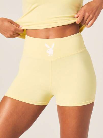 Missguided x Playboy 女士高腰修身运动短裤，饰有兔子标志，黄色运动骑行短裤，夏季运动服，跑步骑行