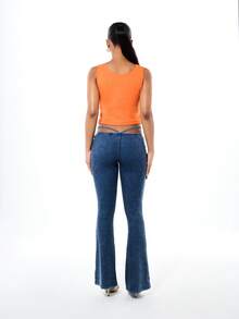 BABYPHAT Ribbed Notch Neck Graphic Tank Top With Cursive Script Print And Heart Design Summer Casual Sleeveless Tank Top - Orange - View 7