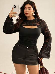 Auralis Plus Size Women's Burgundy Lace Patchwork Sheer Ruched Waist Flare Sleeve T-Shirt, Elegant, , Valentine's Day Fall - Black - View 7