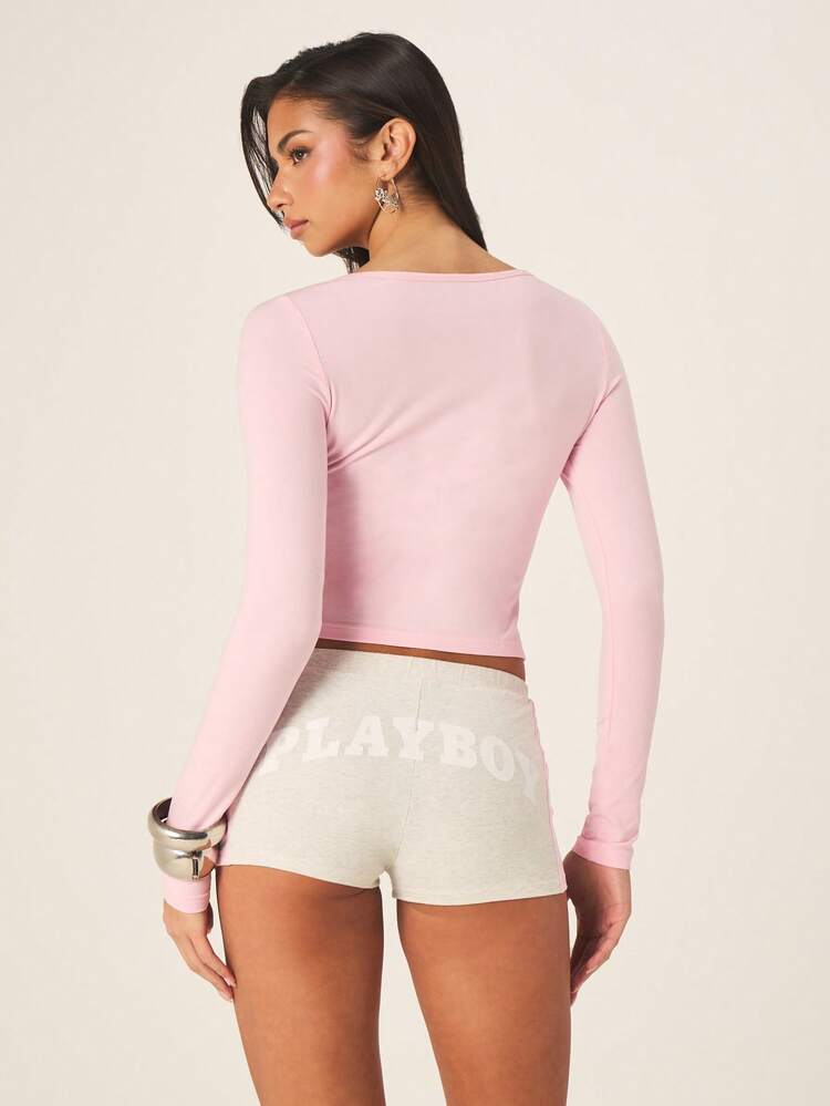 Missguided x Playboy Women's Ribbed Knit Long Sleeve Cut Out Neckline Top With Metal Ring Detail Pink Casual Fashion Basic