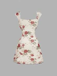 Floral Print Mesh Pleat Dress With Bow - Black - View 10