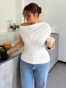 Firerie Plus Size Elegant Solid Color Asymmetric Neck Beaded Decor T-Shirt, Summer - White - View 4
